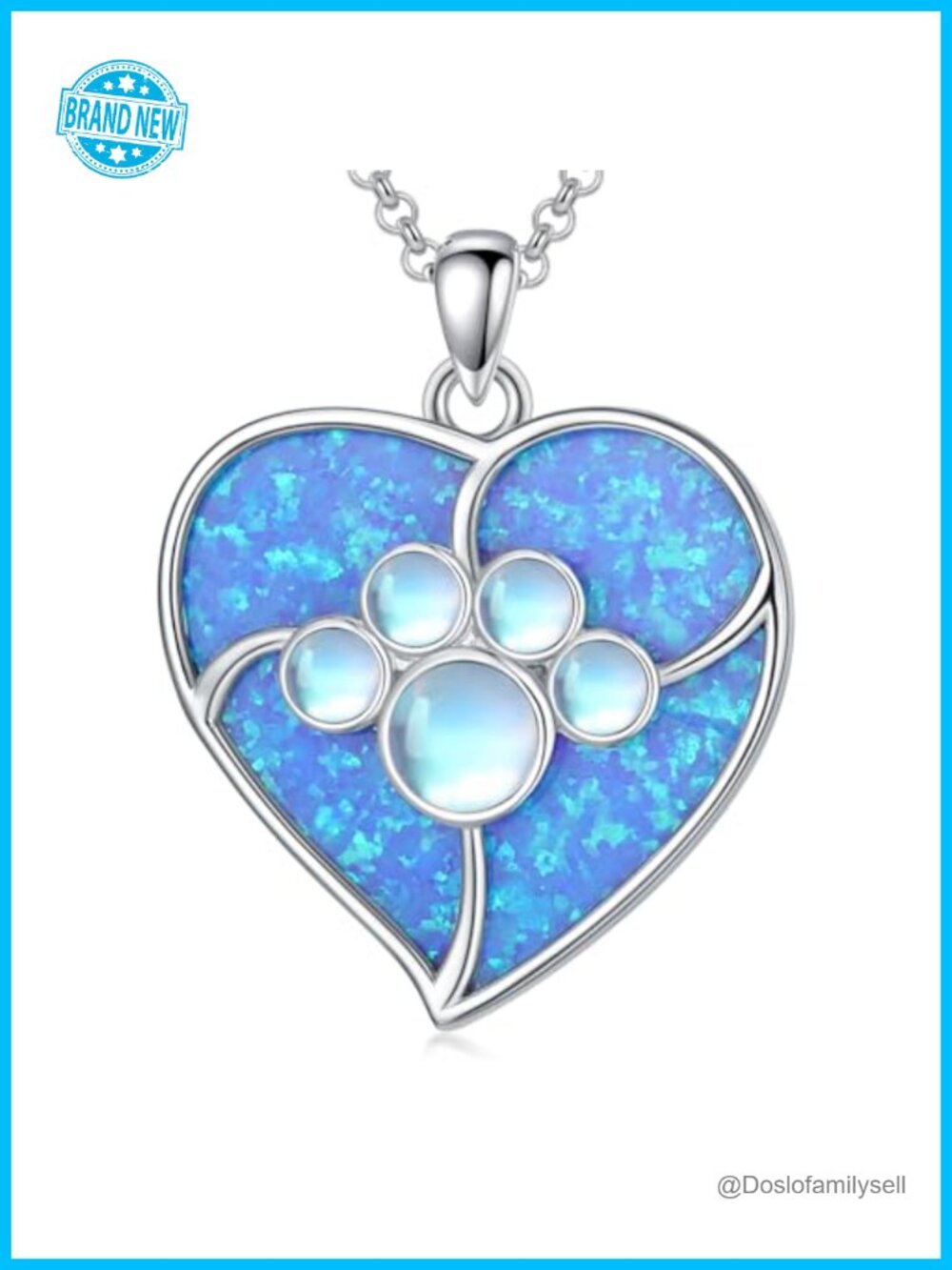 S925 Sterling Silver Blue Opal Heart Moonstone Paw Print Necklace 18+2"